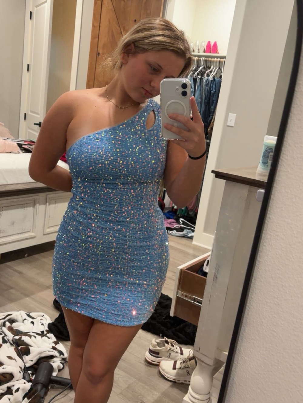 Amazon One-Shoulder Light Blue Sequin Mini Dress